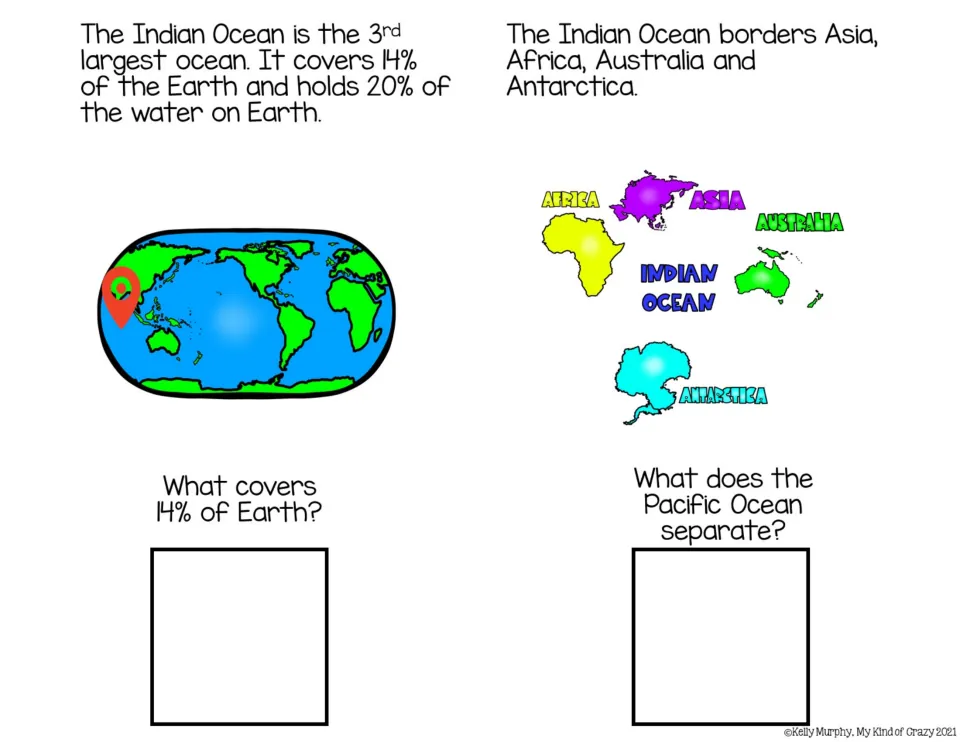 Color book sections introduce ocean size and bordering continents; one question names the Pacific Ocean.
