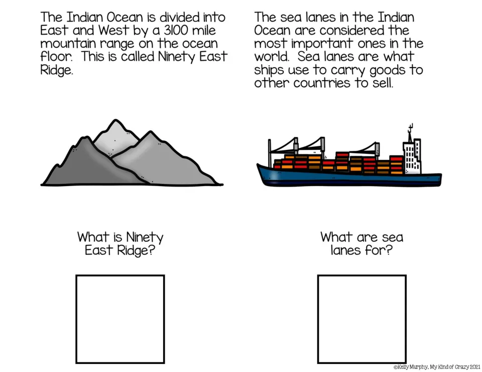 Color book sections describe Ninety East Ridge and sea lanes, asking what the ridge is and what lanes are for.