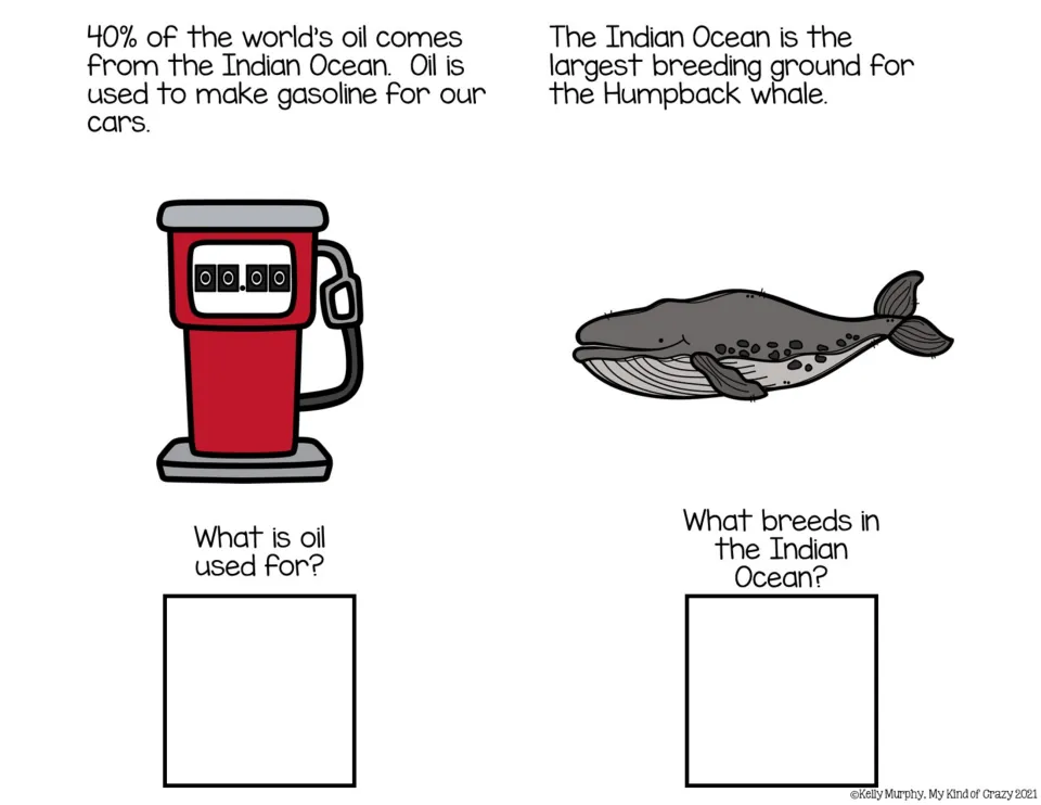 Color book sections discuss oil and humpback whale breeding, asking what oil is used for and what breeds here.