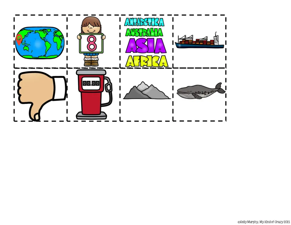 Eight color cut-and-paste response pictures for the book include a map, number 8, continent names, and five more.