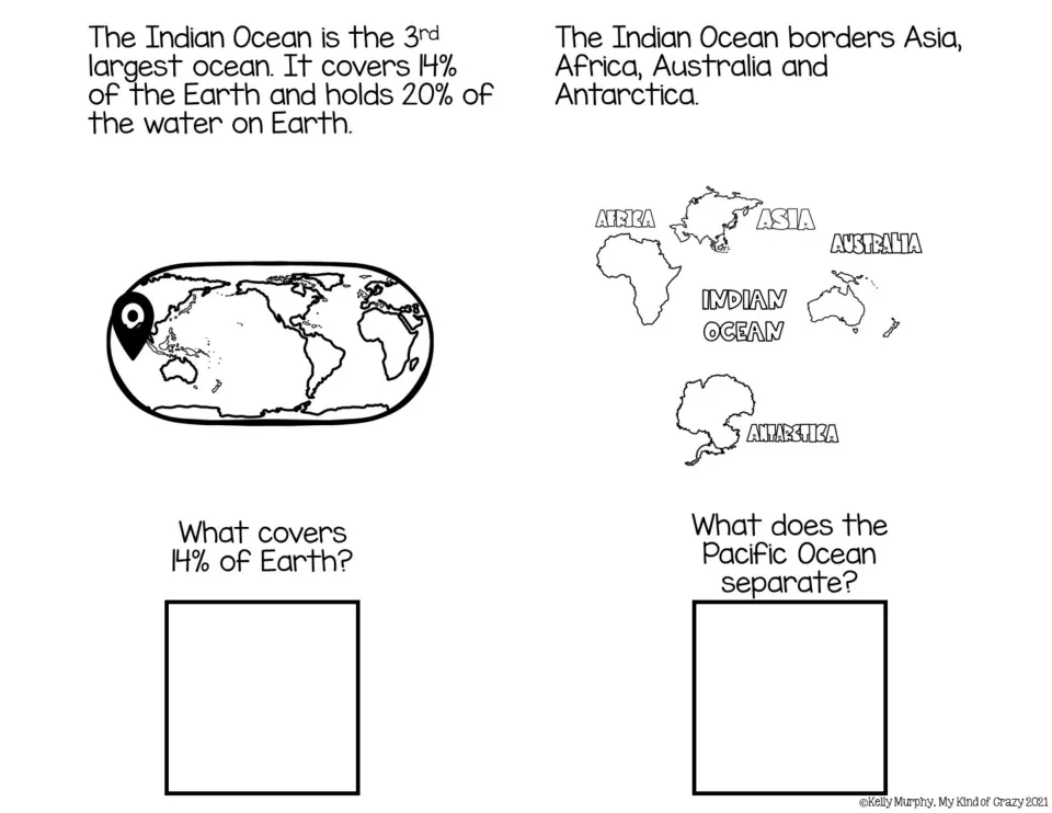 Black-and-white book sections cover ocean size and bordering continents; one question names the Pacific Ocean.