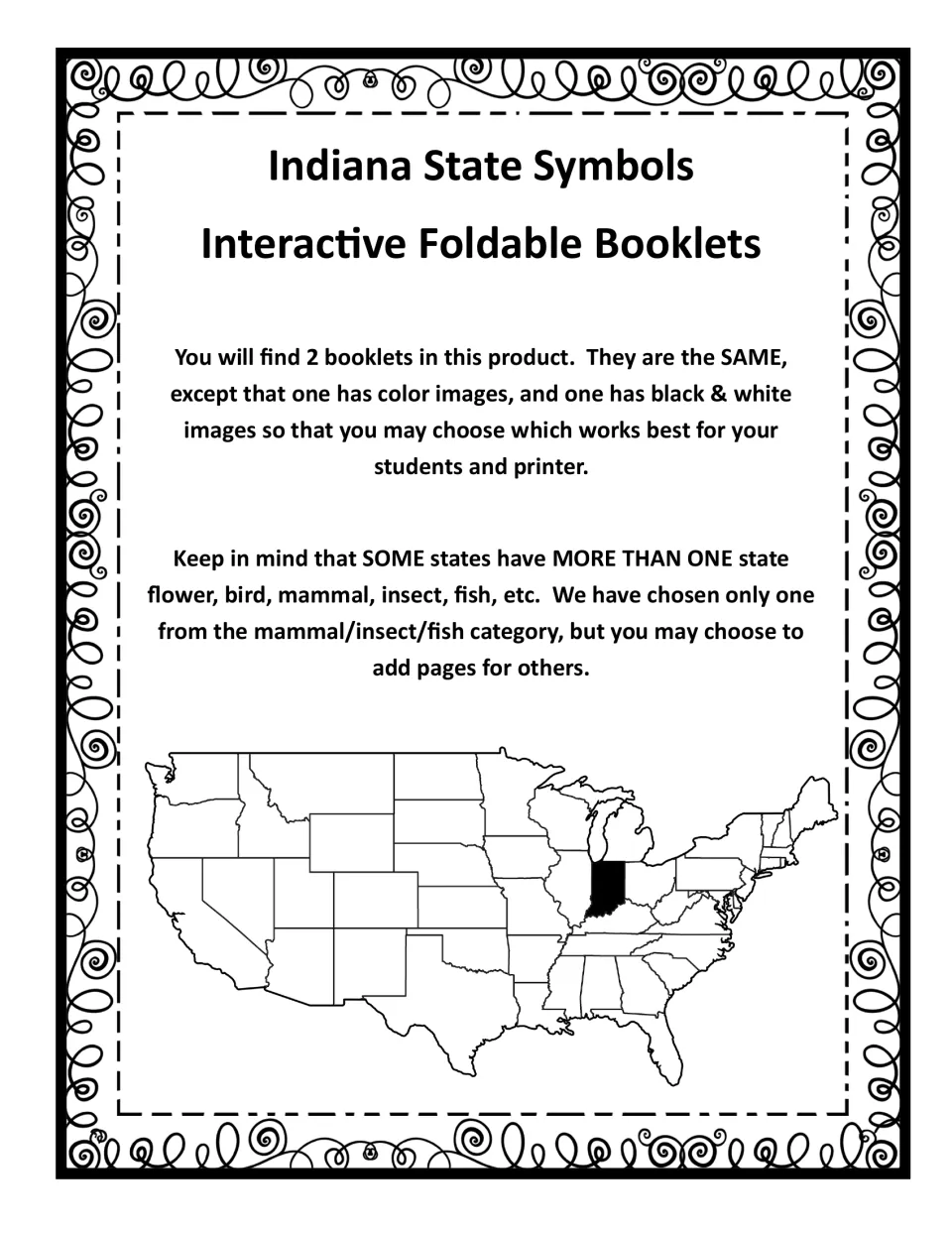 Indiana symbols intro: notes that 2 identical booklets come in color and black & white, with a U.S. map shading Indiana