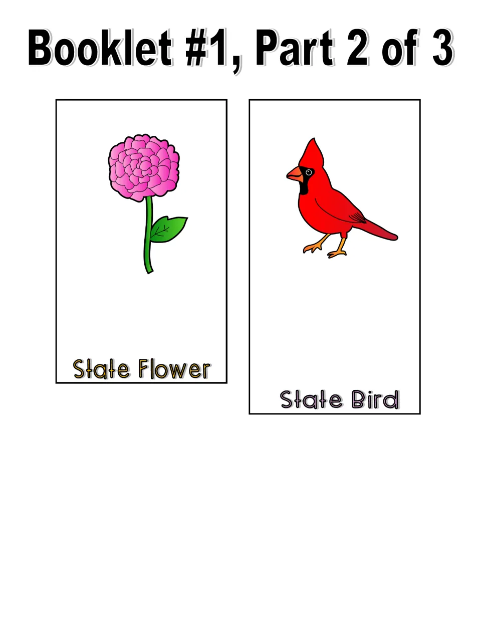 Booklet 1, part 2 in color: State Flower flap with a pink flower and State Bird flap with a red cardinal for writing names