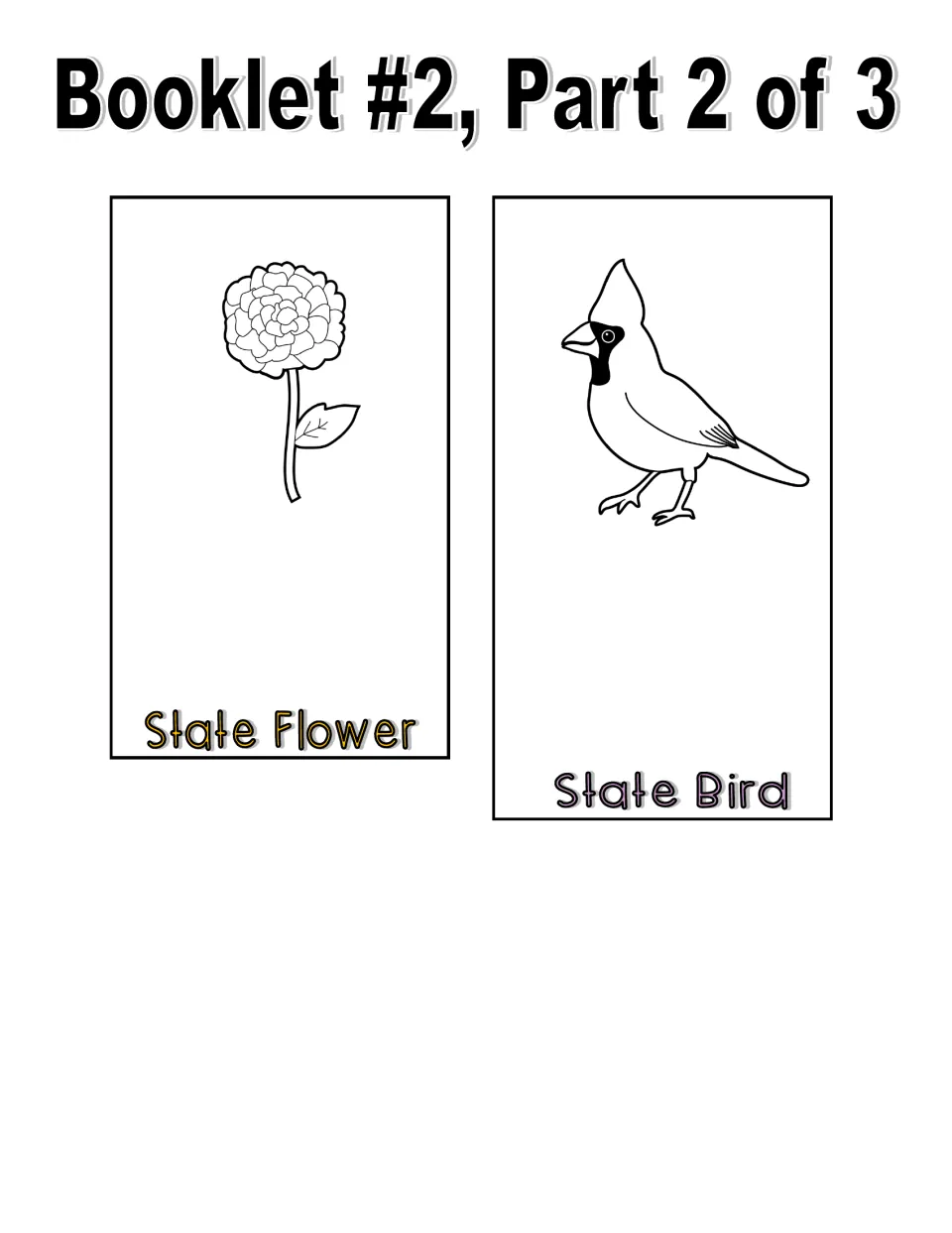 Booklet 2, part 2 in black and white: line-art State Flower and cardinal State Bird flaps for coloring and labeling