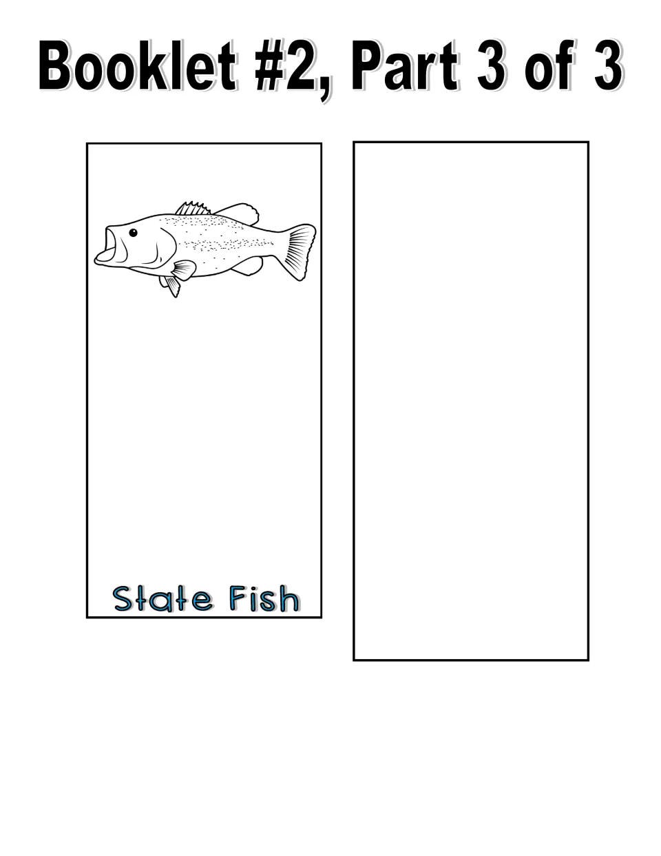Booklet 2, part 3 in black and white: line-art State Fish flap and a blank extra flap for another Indiana symbol