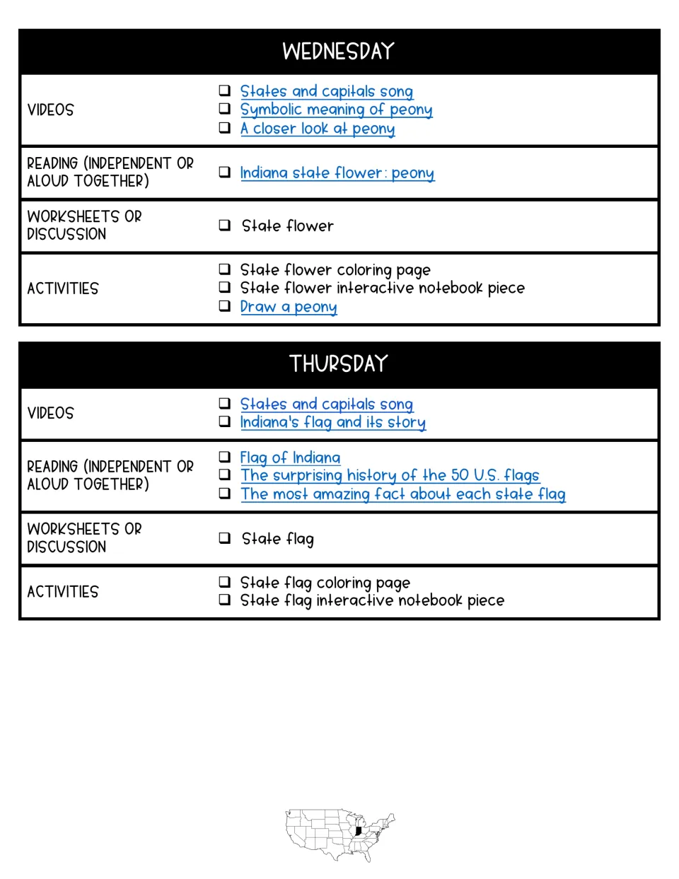 Wednesday and Thursday plans: peony state flower and Indiana flag videos, readings, worksheets and notebook activities