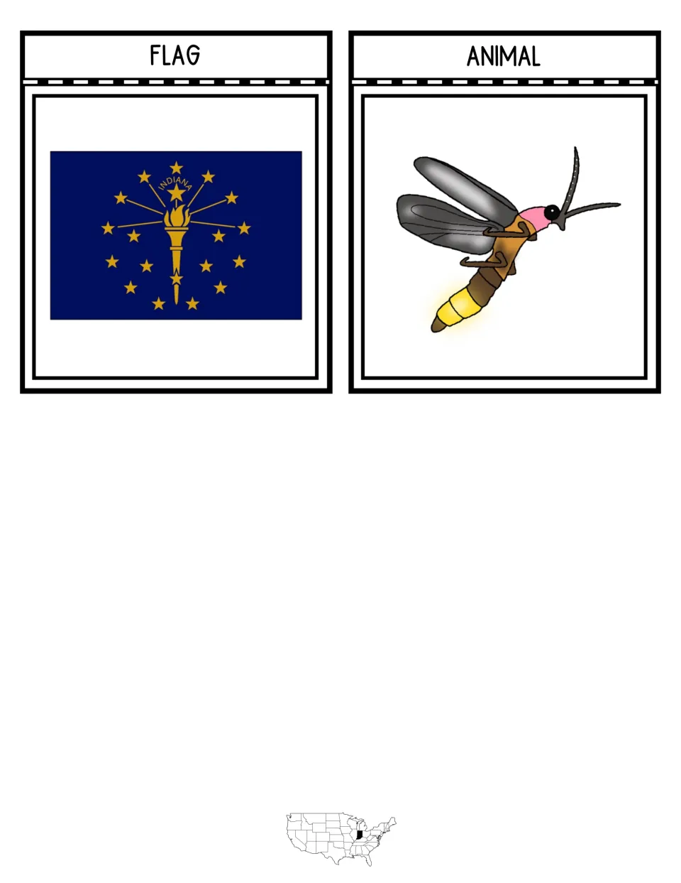 Notebook flaps for the Indiana state flag with torch and stars and the firefly state animal, for cutting and gluing