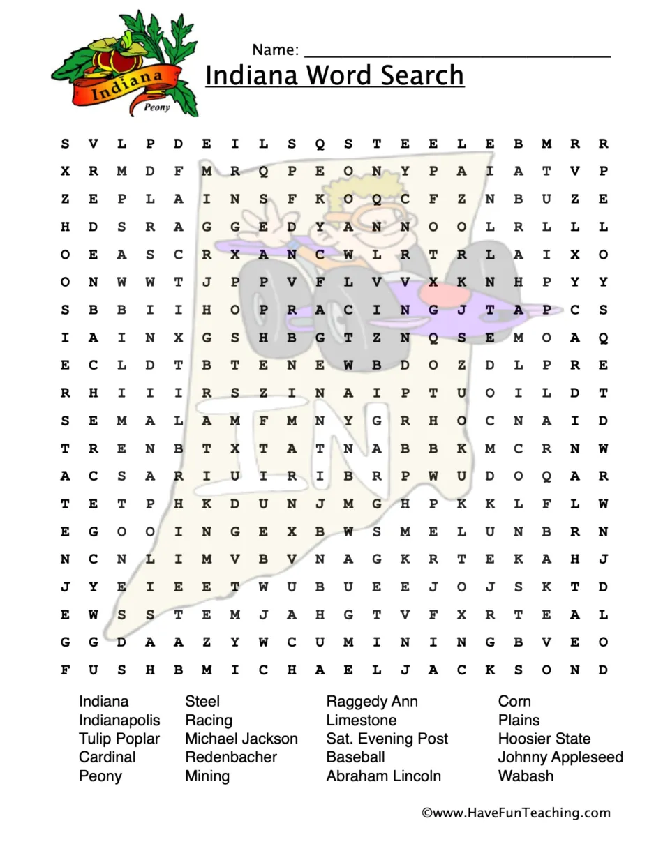 Indiana state facts: students find 20 hidden words like Hoosier State, Indianapolis, Cardinal, Peony and Wabash