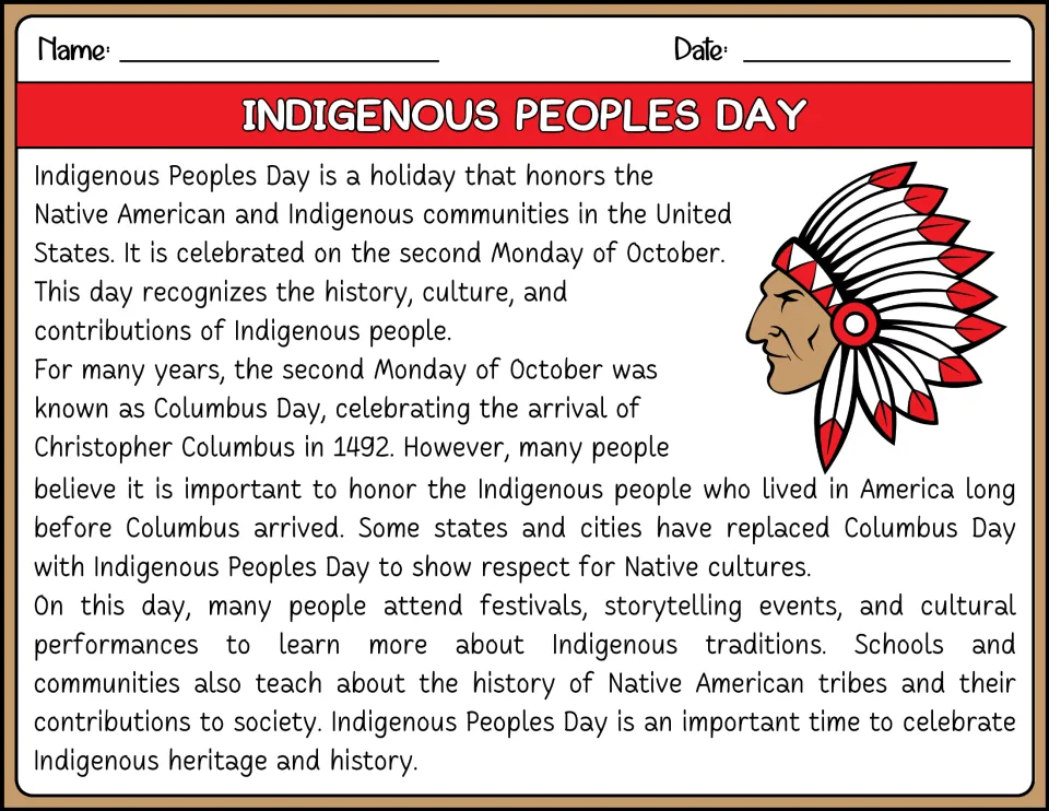 Color reading passage explaining the October holiday honoring Indigenous history, cultures, and contributions.