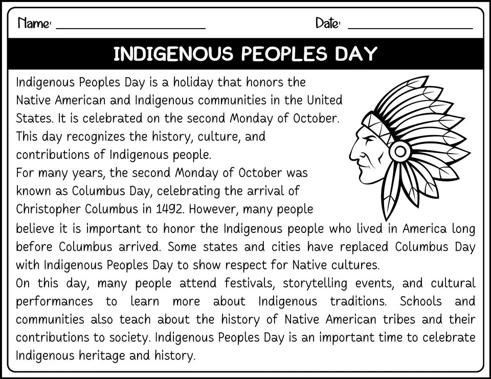 Black-and-white reading passage about honoring Indigenous people and replacing Columbus Day in some places.