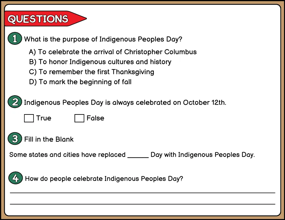 Color comprehension questions 1–4 ask about the holiday's purpose, date, Columbus Day, and celebrations.