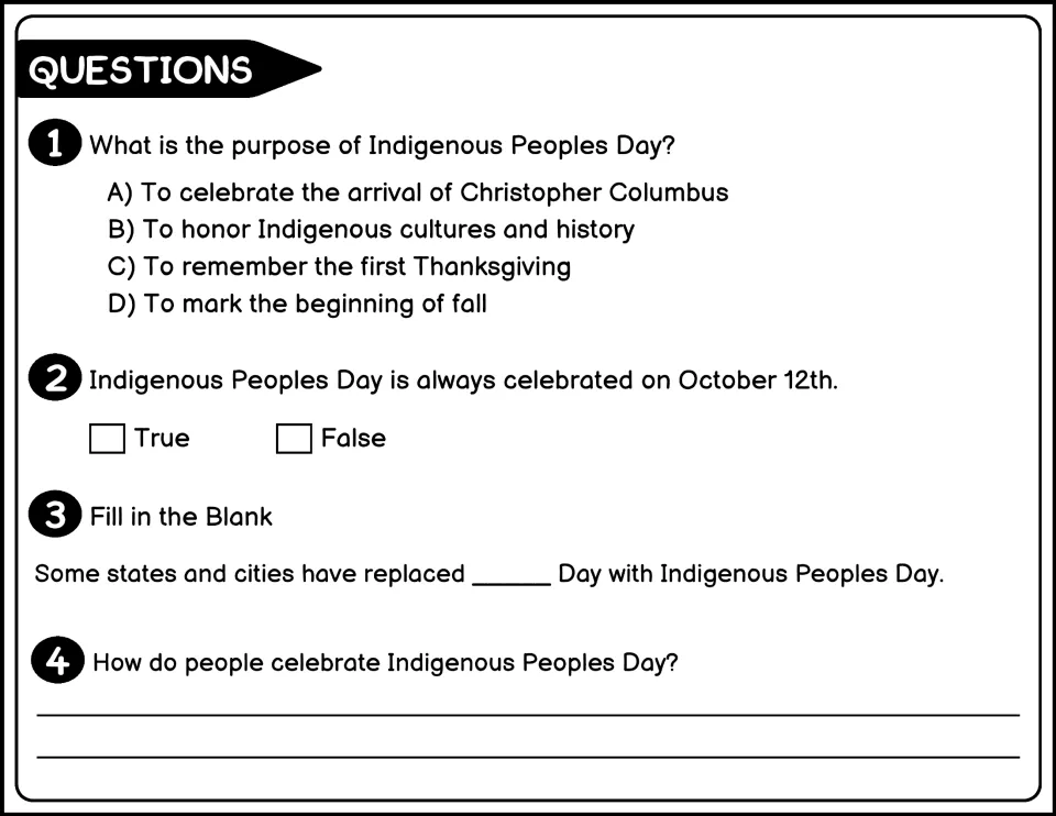 Black-and-white questions 1–4 check the holiday's purpose, an October 12 claim, and how people celebrate.