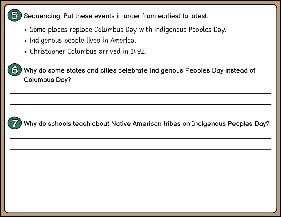 Color questions 5–7 ask students to sequence three events and explain honoring and teaching Indigenous history.