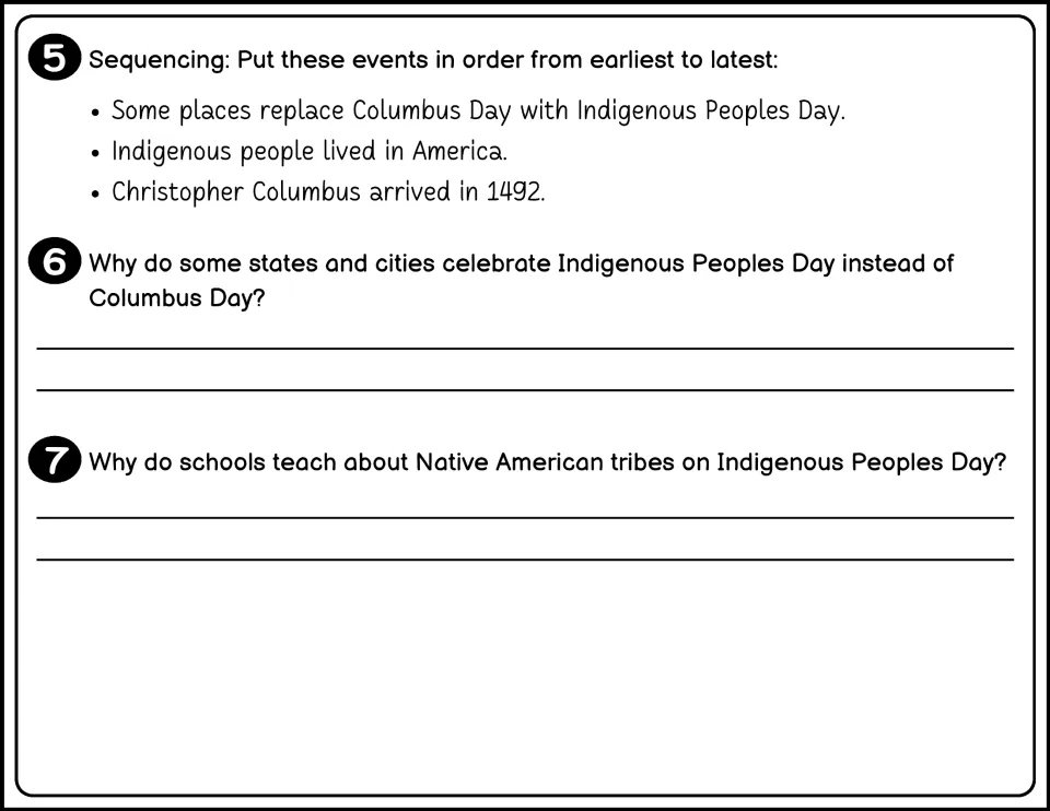 Black-and-white questions 5–7 cover event sequencing, replacing Columbus Day, and teaching about Native tribes.