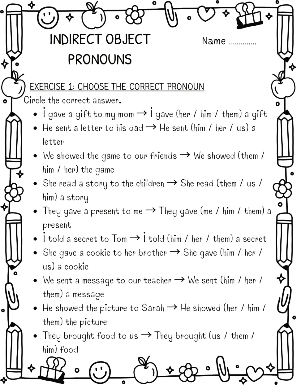 Choosing the correct pronoun: students circle her, him, them or us to replace the person in 10 rewritten sentences