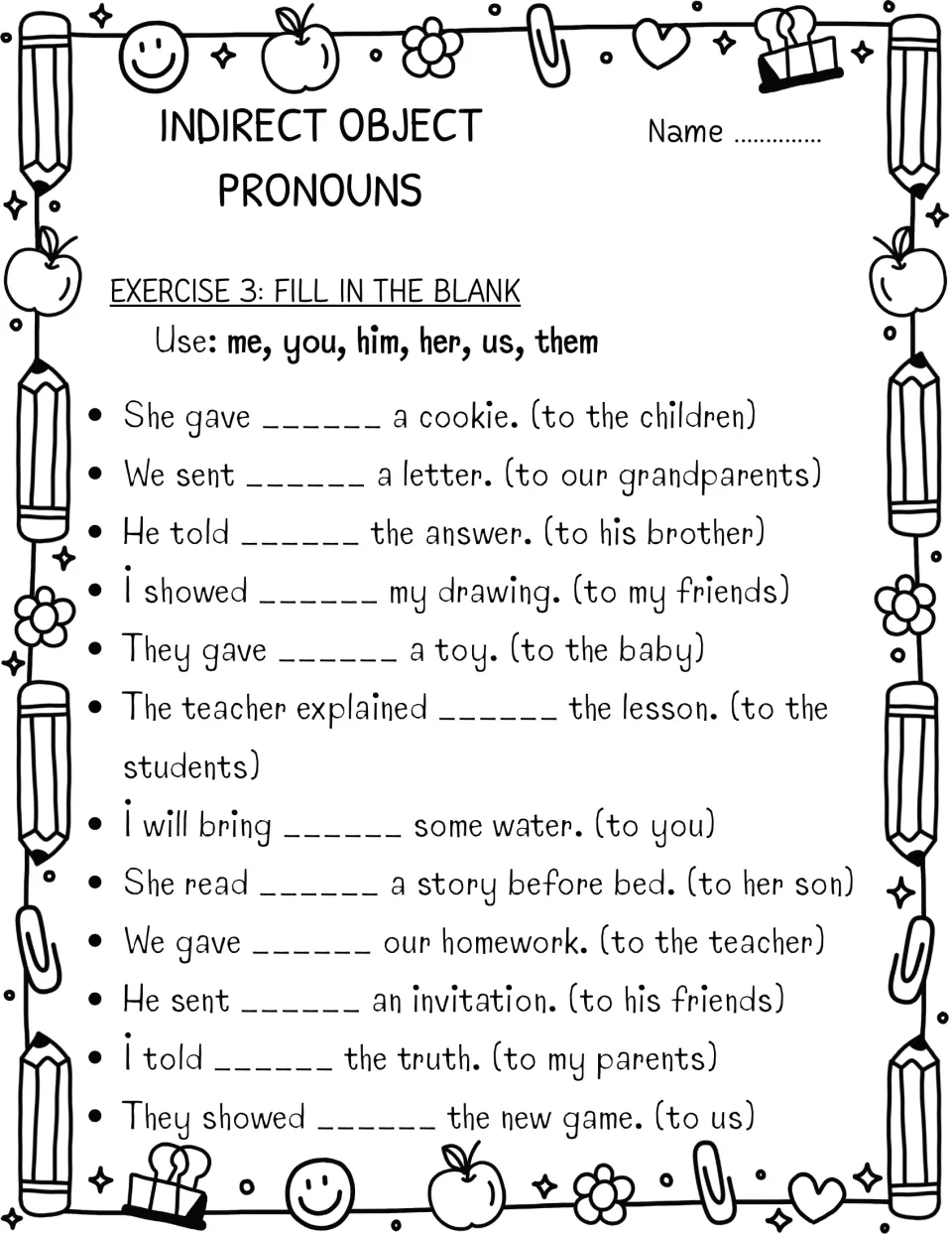 Fill in the blank: students complete 12 sentences using me, you, him, her, us or them, guided by a hint in parentheses