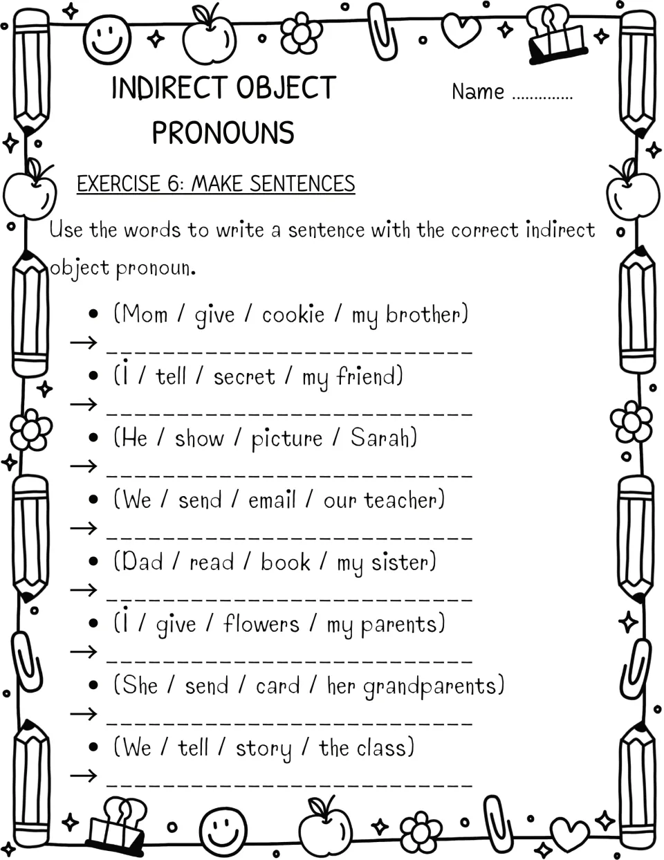 Making sentences: students turn 8 word prompts, such as Mom / give / cookie / my brother, into sentences with a pronoun