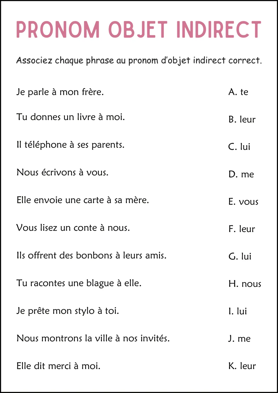 French pronoun matching: pair 11 sentences with me, te, lui, nous, vous or leur, using the named recipients.