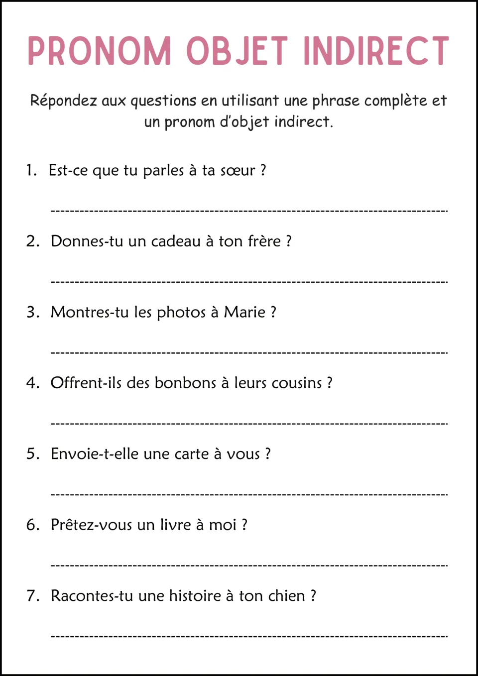 French response practice: answer seven questions in complete sentences using indirect object pronouns.