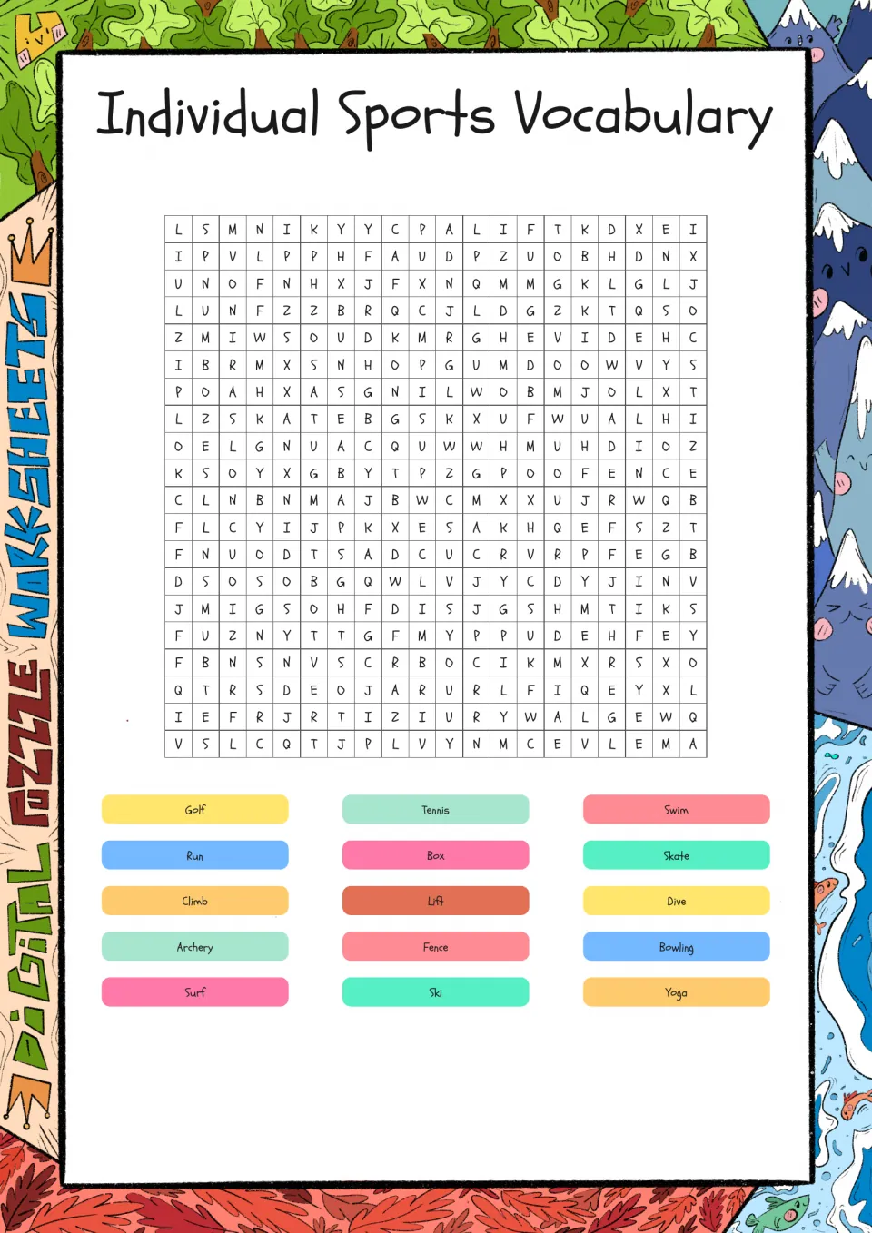 Individual sports word search: students find 15 sport words such as golf, tennis, archery, fence and yoga