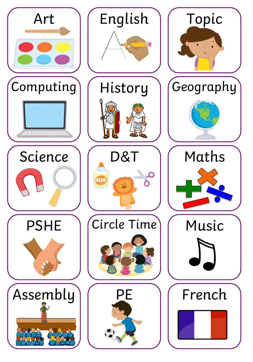 Visual timetable activity cards 1–15: Art, English, Topic, Computing, History, Geography and nine more