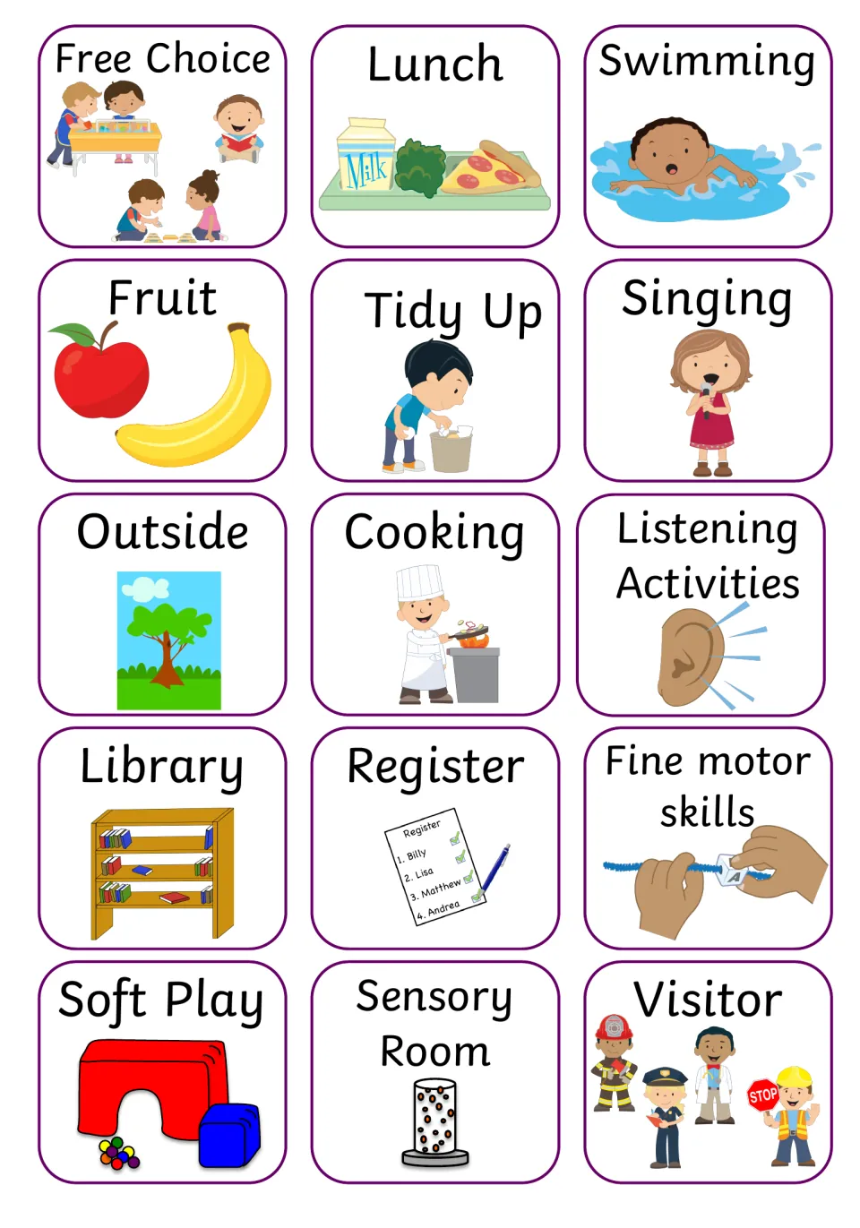 Visual timetable activity cards 16–30: Free Choice, Lunch, Swimming, Fruit, Tidy Up and ten more