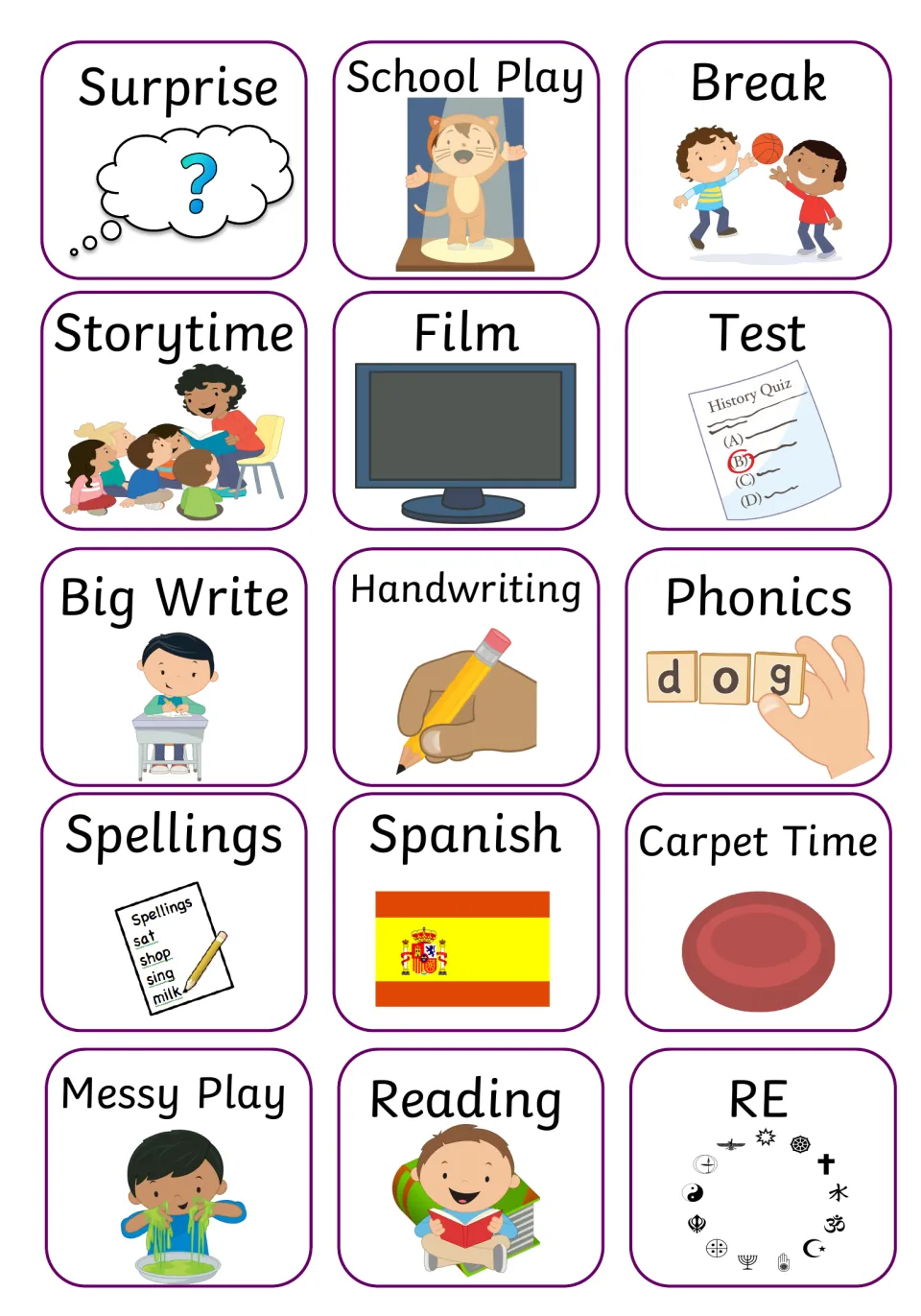 Visual timetable activity cards 31–45: Surprise, School Play, Break, Storytime, Film, Test and nine more