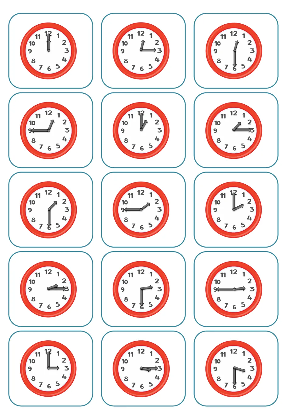 Visual timetable clock cards: 15 analog clocks showing quarter-hour intervals from 12:00 through 3:30