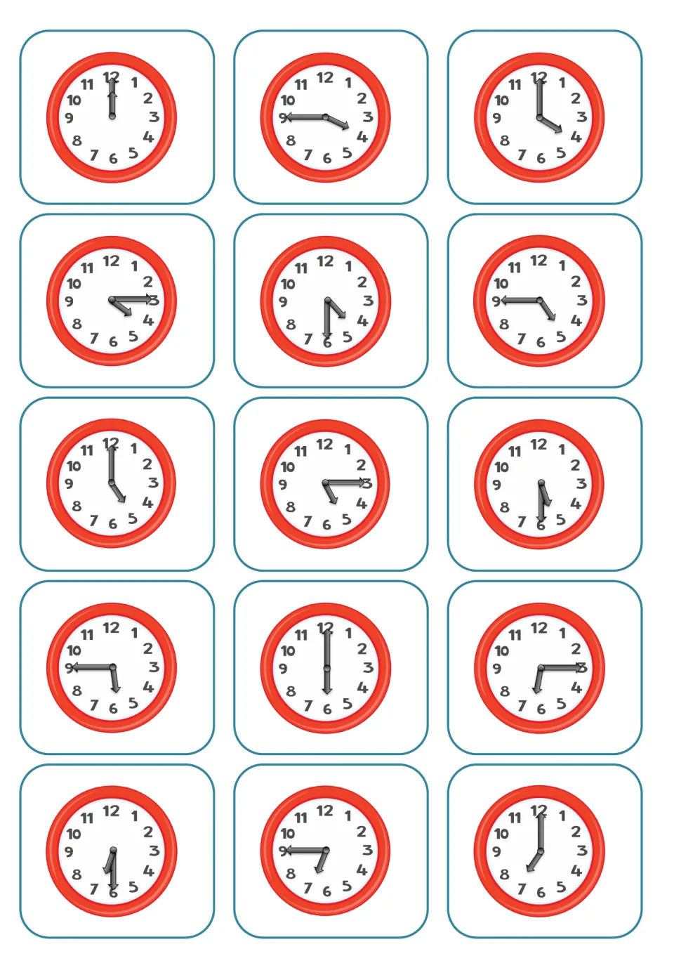 Visual timetable clock cards: a repeated 12:00 clock plus 14 quarter-hour times from 3:45 through 7:00