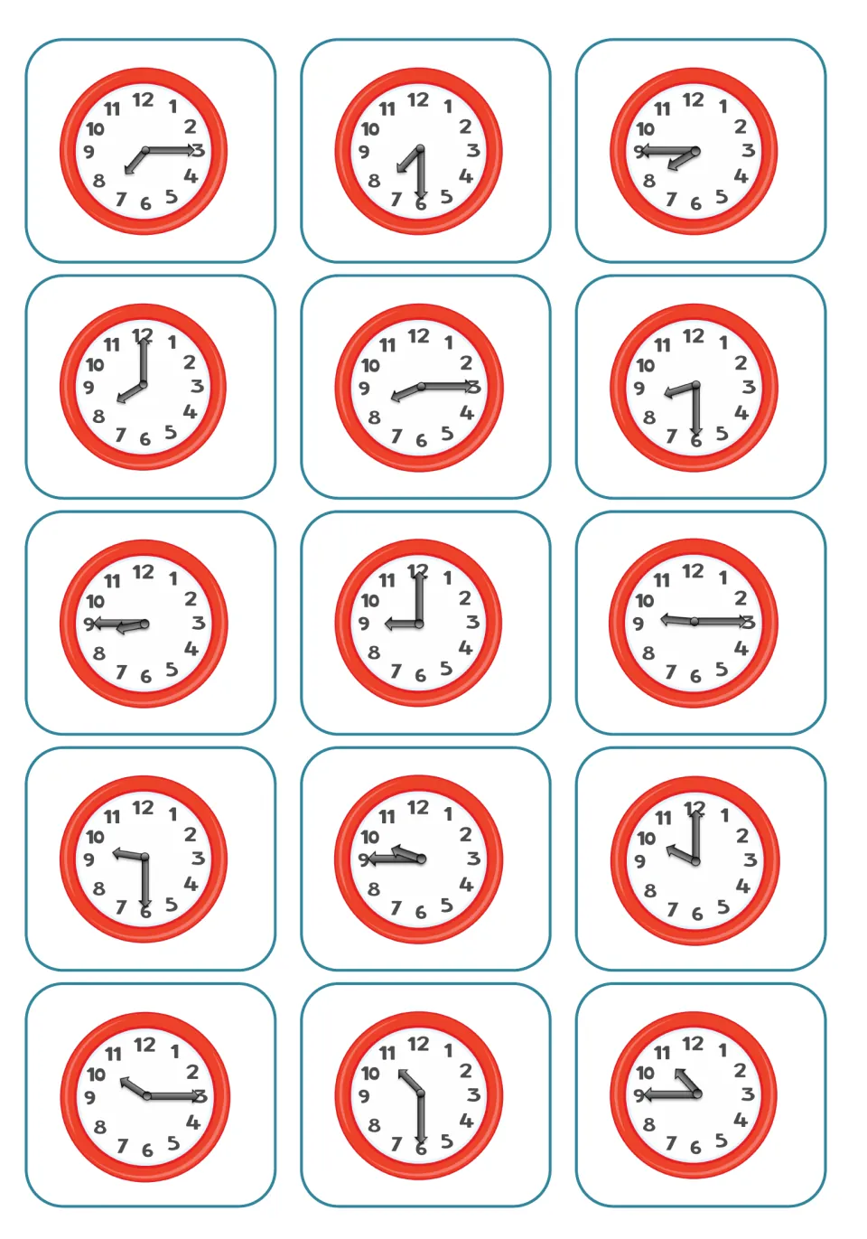 Visual timetable clock cards: 15 analog clocks showing quarter-hour intervals from 7:15 through 10:45