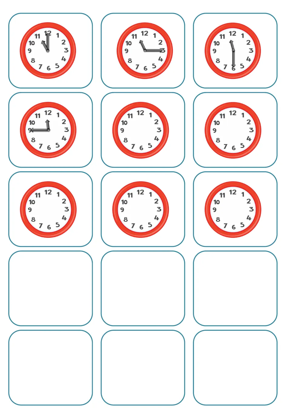 Visual timetable cards: clocks for 11:00, 11:15, 11:30 and 11:45, five handless clocks and six blank cards