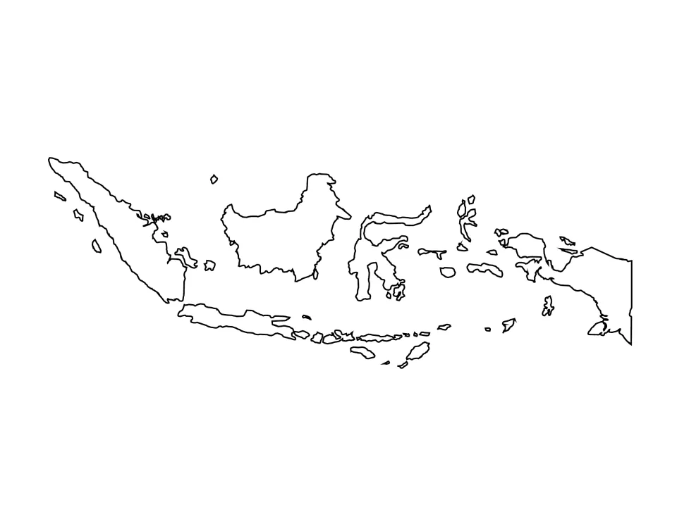 Blank outline map of Indonesia's islands, Sumatra to New Guinea, with no labels, ready for map labeling practice