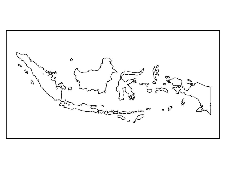 Outline map of Indonesia with unlabeled dots for cities and a star for the capital, for students to name each location