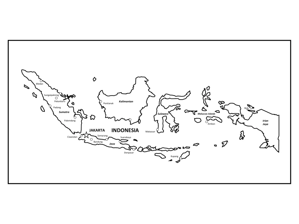 Labeled map of Indonesia naming Sumatra, Java, Kalimantan, Sulawesi, Jakarta and cities such as Medan, Makassar and Ambon
