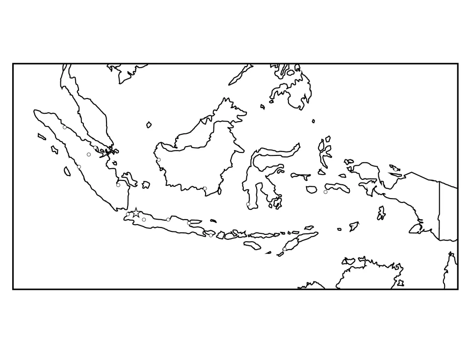 Regional outline map of Indonesia and its neighbors with unlabeled city dots and a capital star, for locating places