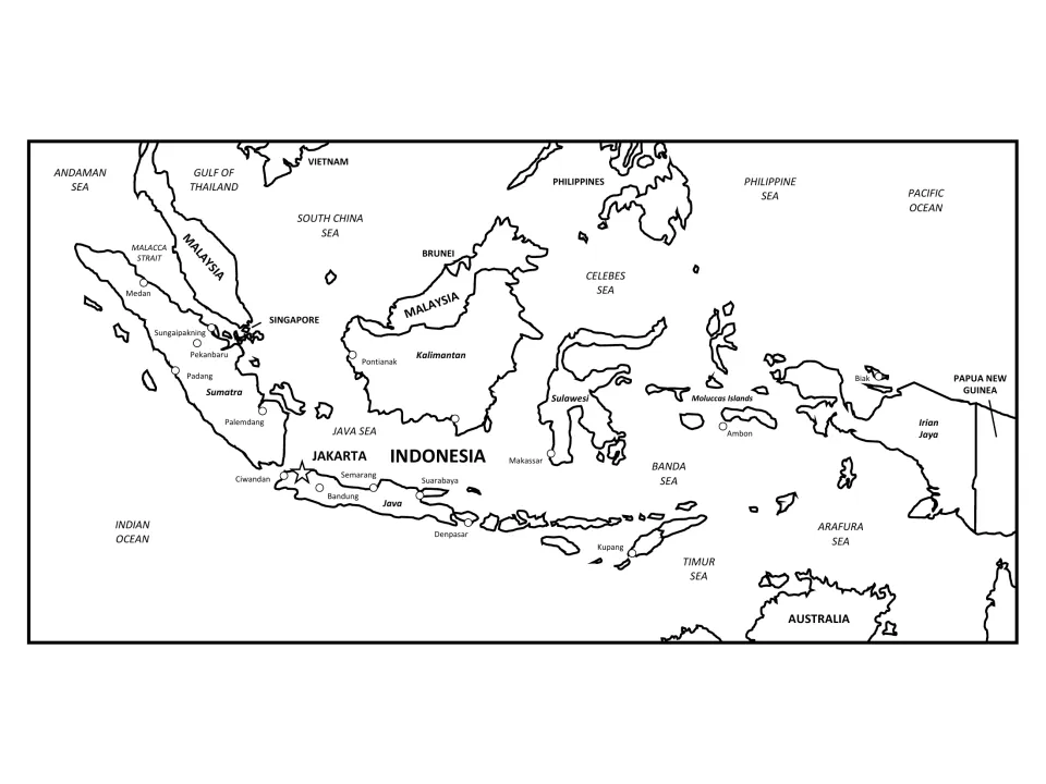 Labeled regional map of Indonesia with cities, neighbors like Malaysia and Australia, and seas such as the Java Sea
