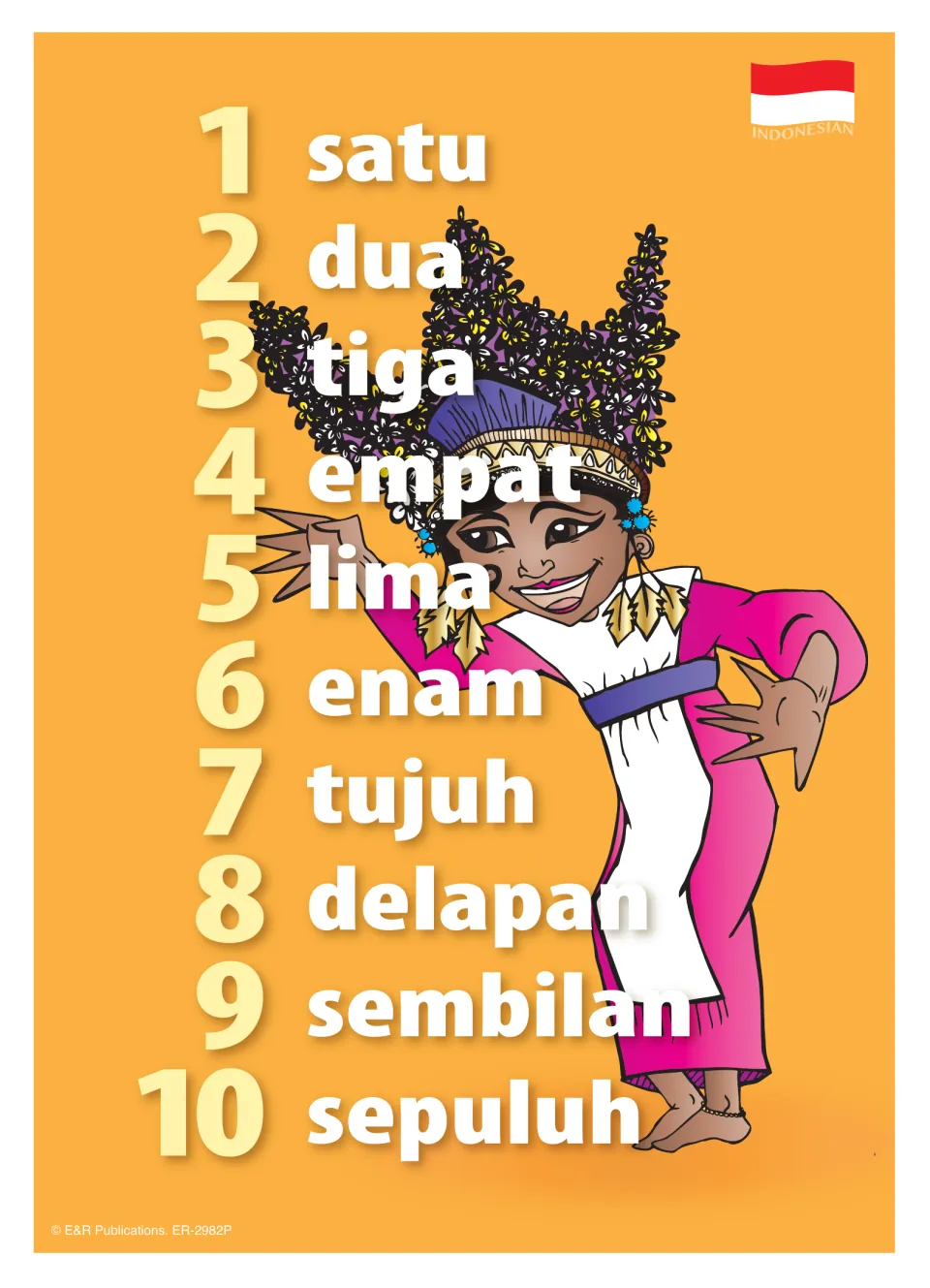 Indonesian numbers 1 to 10 poster: satu through sepuluh listed beside a dancer in a pink costume with a flower headdress