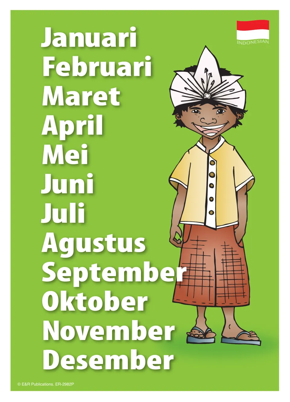 Indonesian months poster: Januari to Desember listed in order beside a smiling boy in a white headcloth and sarong