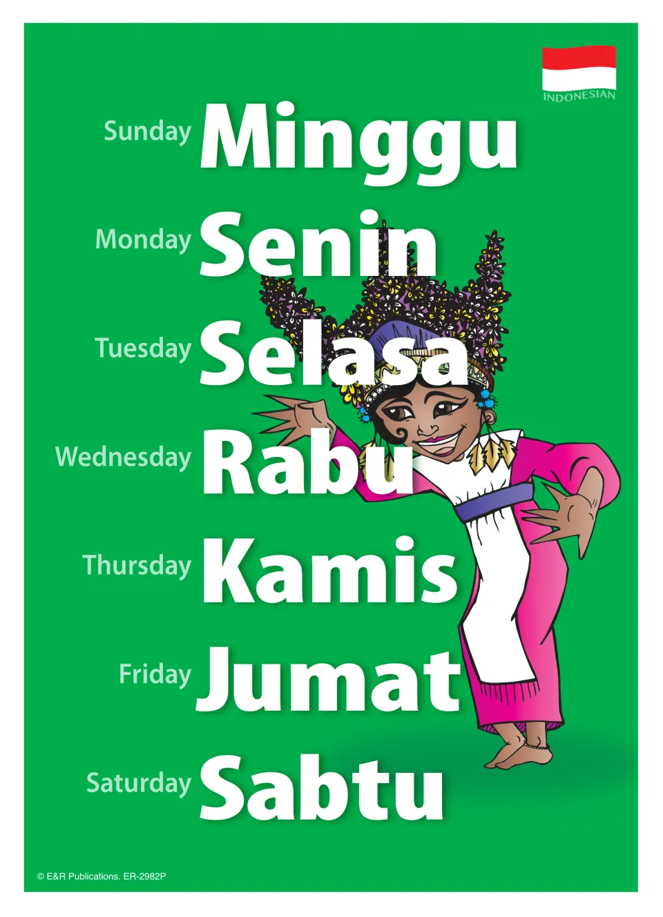 Indonesian days of the week poster pairing Sunday to Saturday with Minggu, Senin, Selasa, Rabu, Kamis, Jumat, Sabtu