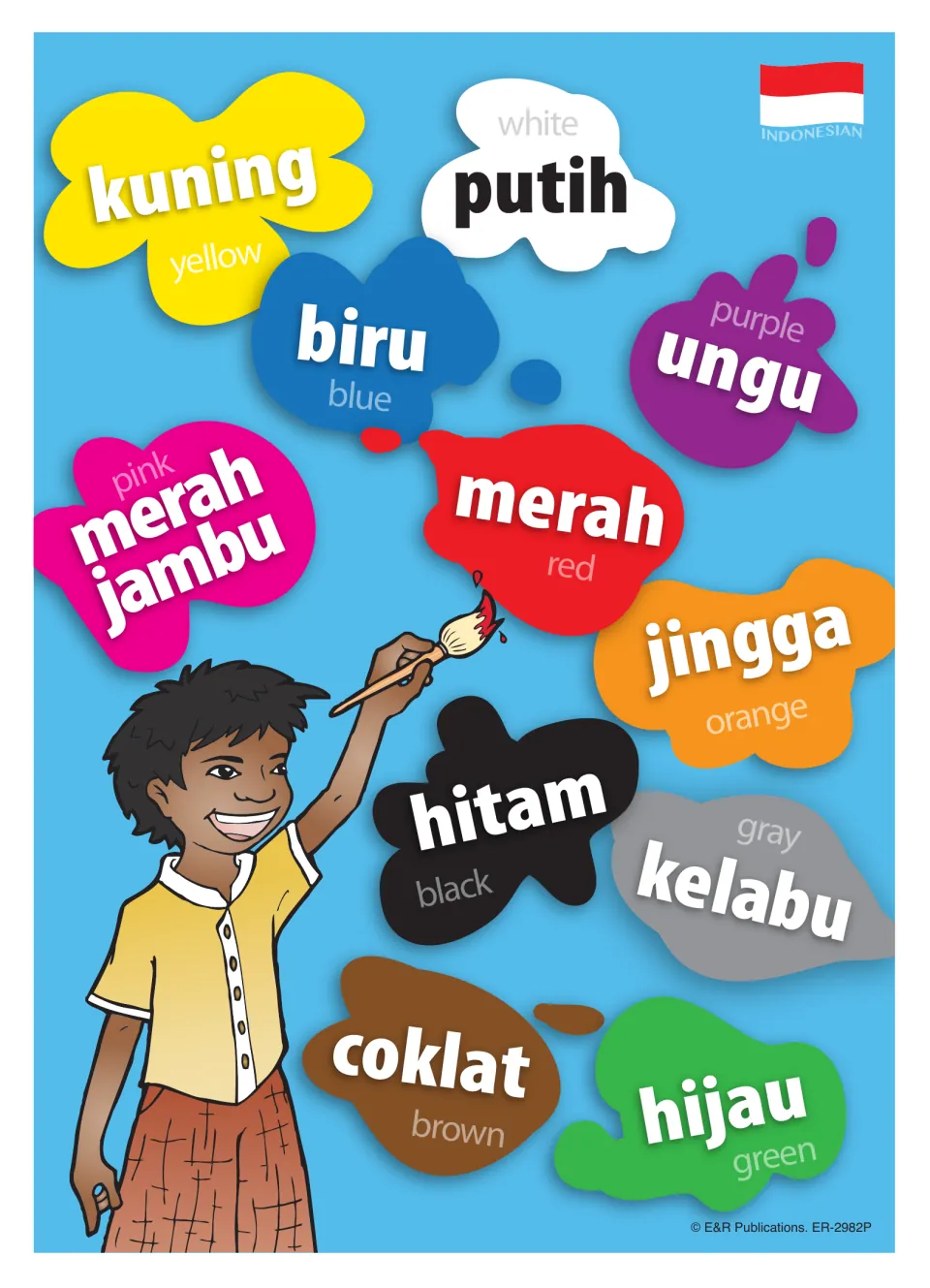 Indonesian colors poster: paint splotches name colors such as merah red, biru blue and hijau green, with a boy painting