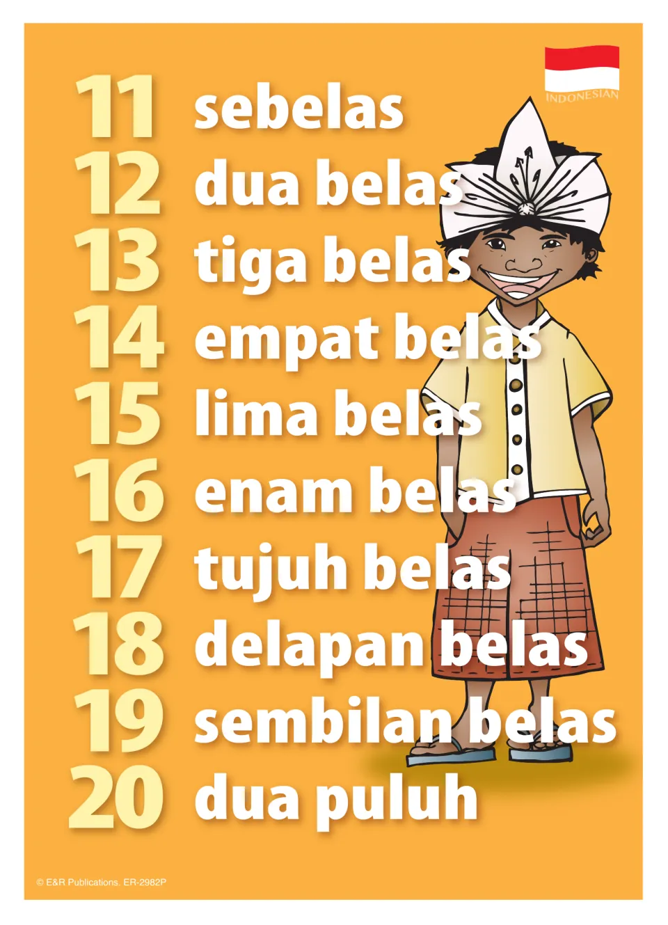 Indonesian numbers 11 to 20 poster: sebelas through dua puluh, showing the belas pattern, beside a smiling boy