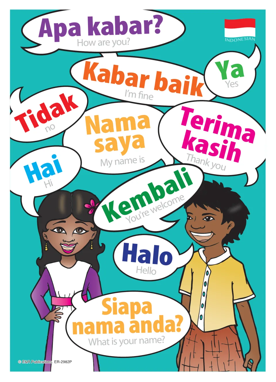 Indonesian greetings poster: speech bubbles with Halo, Apa kabar?, Kabar baik, Terima kasih, Ya and Tidak, with English