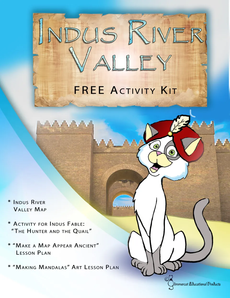 Indus River Valley free kit cover listing a map, a Hunter and the Quail fable activity, and map-aging and mandala lessons