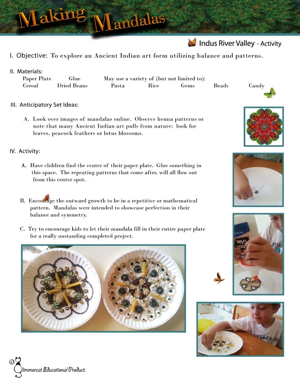 Making Mandalas art lesson: students glue beans, pasta and beads outward from a paper plate center in symmetric patterns