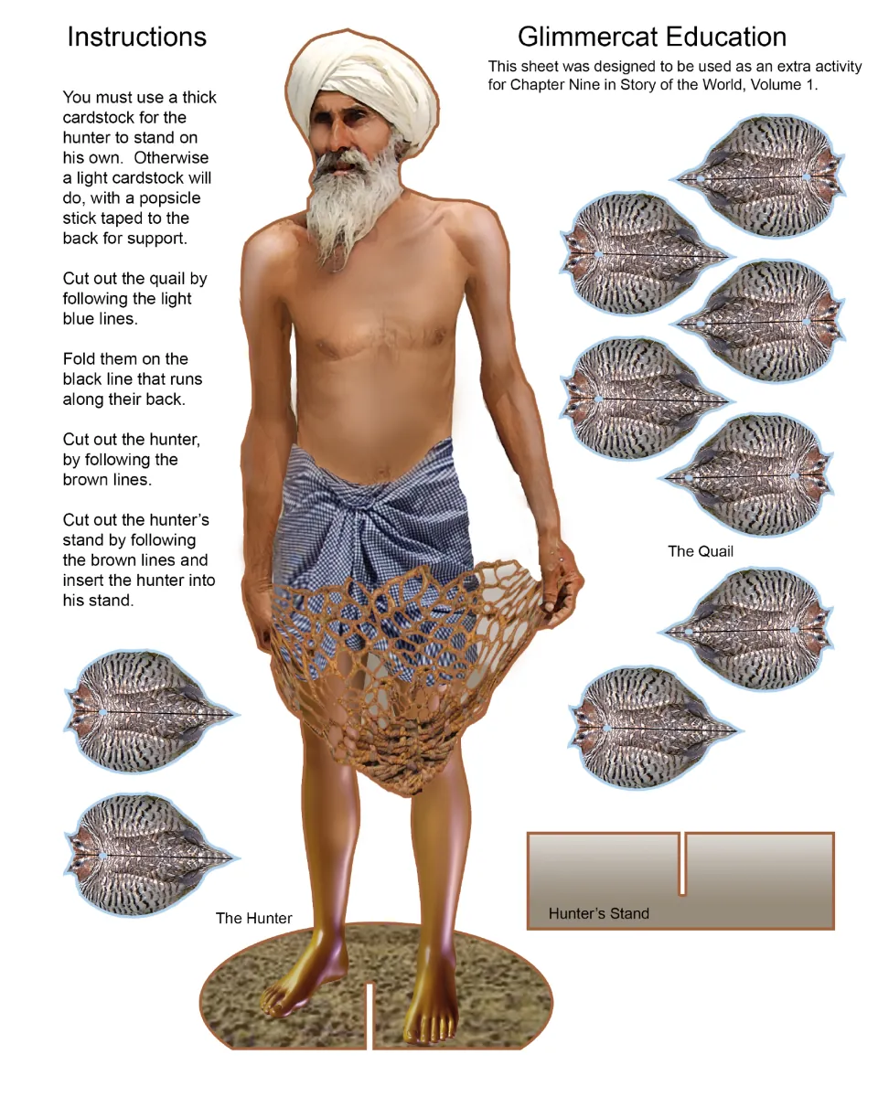 The Hunter and the Quail fable cut-outs: students cut and fold the quail and stand a netted hunter up in his base