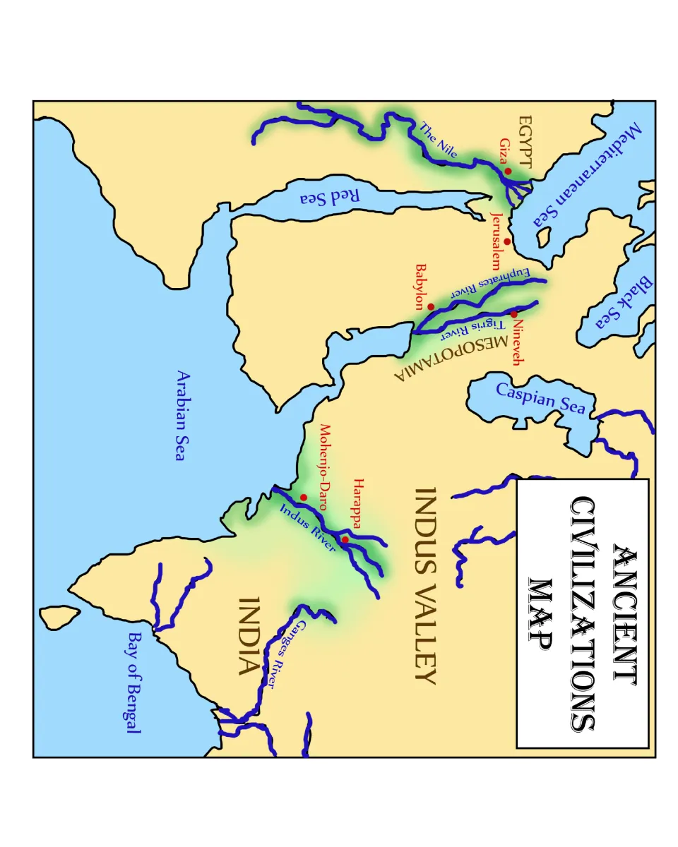 Ancient Civilizations Map showing Nile, Tigris, Euphrates, Indus and Ganges rivers with Harappa, Mohenjo-Daro and Babylon