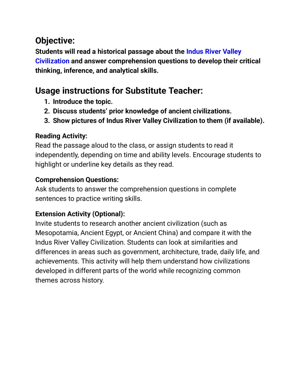 Indus River Valley lesson plan: objective, sub steps, reading and question tips, and a compare-civilizations extension