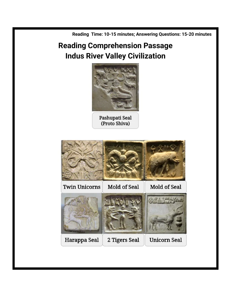Indus River Valley passage opener with timing note and photos of seals: Pashupati, Twin Unicorns, Harappa and 2 Tigers