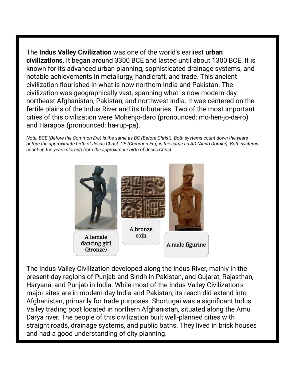 Indus Valley passage on dates, Mohenjo-daro and Harappa, and city planning; photos: dancing girl, coin, figurine