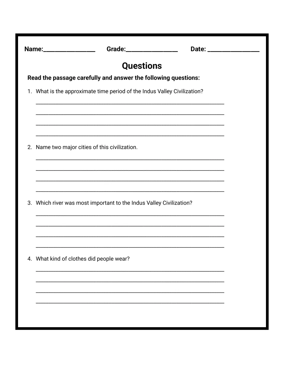 Indus Valley comprehension questions 1-4: students write about the time period, two major cities, key river and clothing
